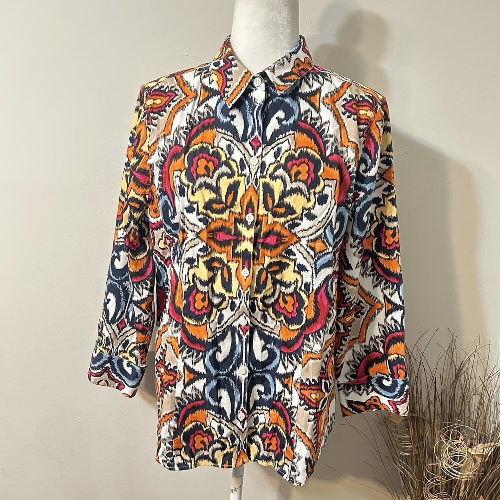 Chico’s Womens Paisley 100% Cotton No Iron Button Up 3/4 sleeve Shirt Sz 2 / L